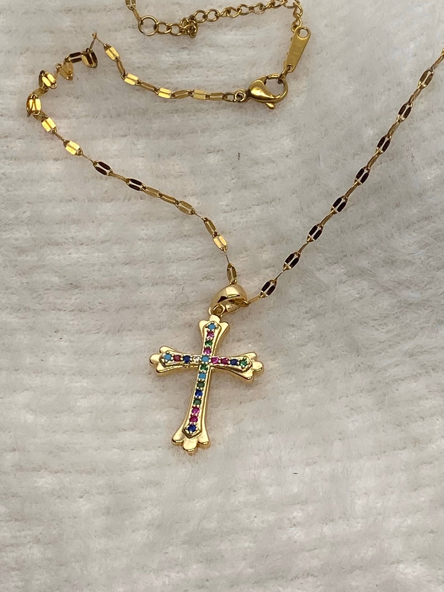 Bright twinkly multicolour rhinestone cross pendant necklace
