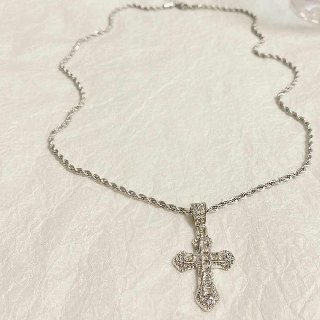 Studded Cross Necklace in Silver with twisted chain