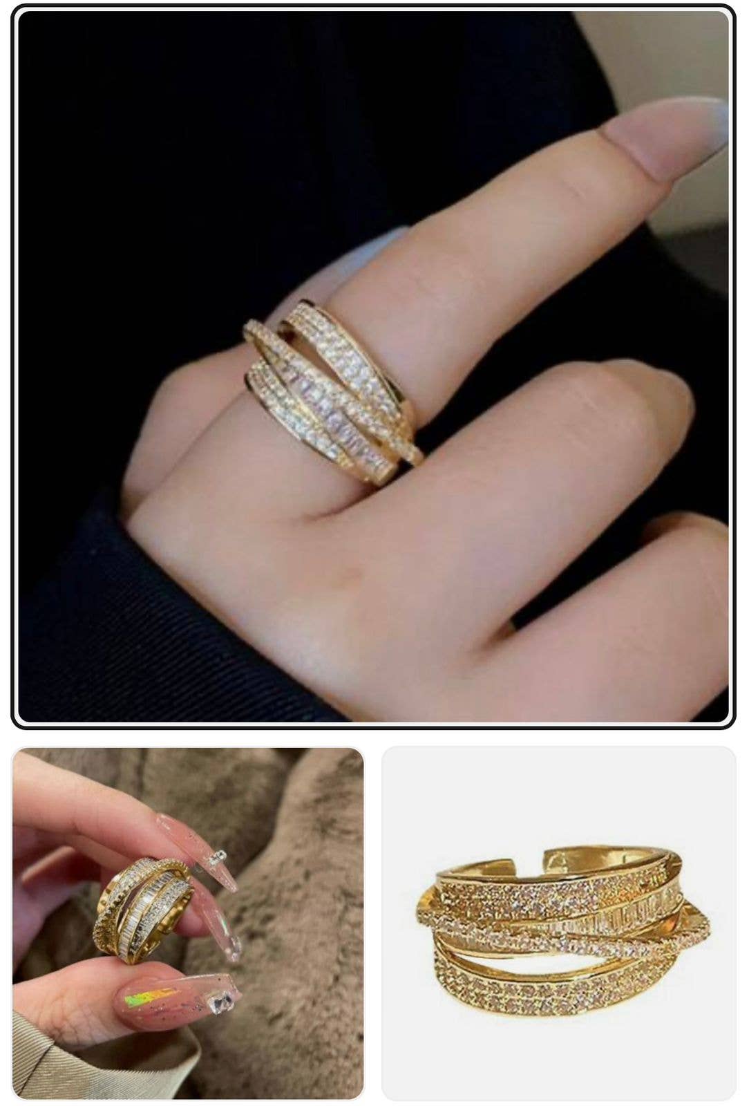 Fake stack ring in gold with rhinestones