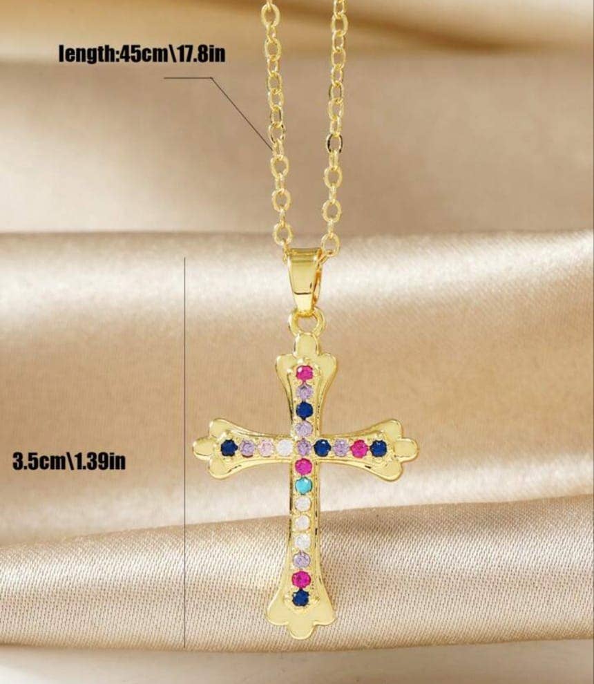 Bright twinkly multicolour rhinestone cross pendant necklace
