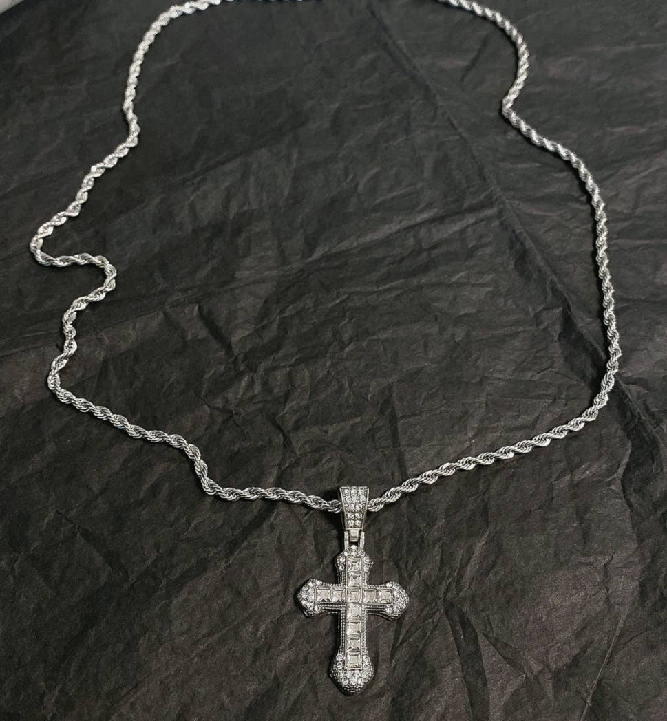 Studded Cross Necklace in Silver with twisted chain